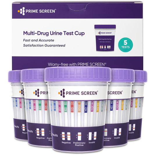 Prime Screen 18-panel urine test cup for comprehensive home screening.