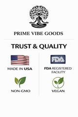 Prime Vibe Goods capsules closeup emphasizing vegan, non-GMO formulation