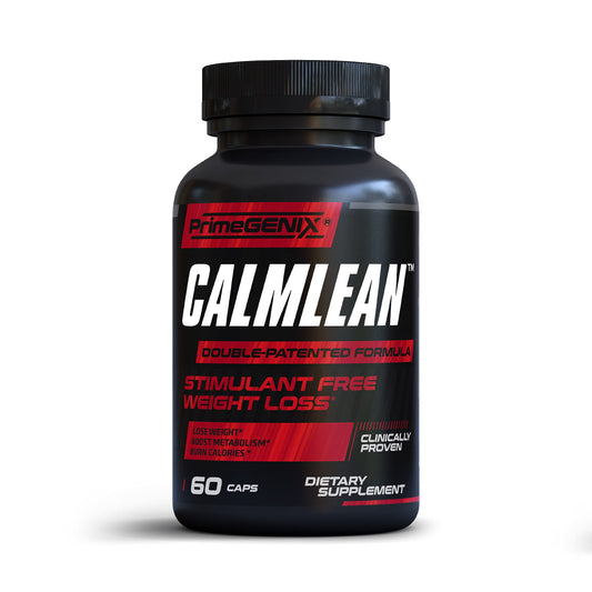 PrimeGENIX CalmLean bottle front view, showing stimulant-free fat burning support.