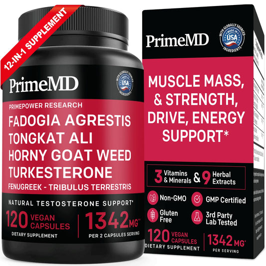 PrimeMD 12-in-1 Tongkat Ali Fadogia bottle for daily vitality and workout support.