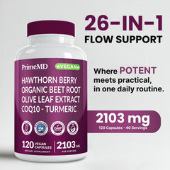 PrimeMD 26-in-1 Nitric Oxide capsules closeup shows convenient daily dosing for active adults.