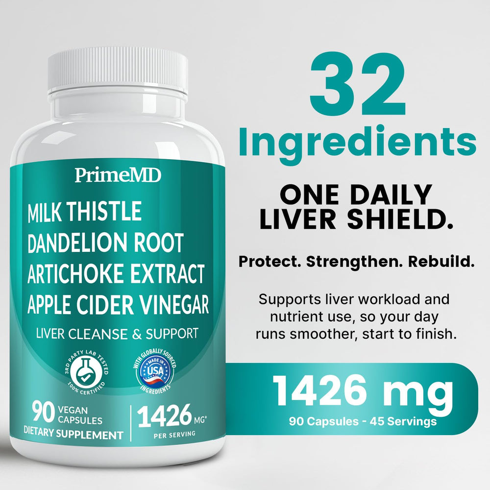 PrimeMD liver support capsules closeup, highlights milk thistle and beetroot for daily liver wellness.