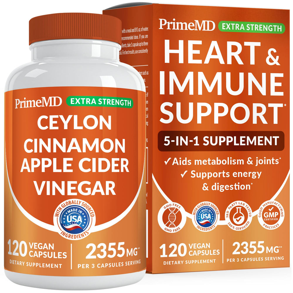 PrimeMD 5-in-1 cinnamon powder bottle highlights organic formula for daily energy