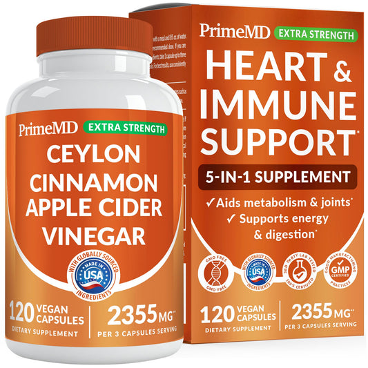 PrimeMD 5-in-1 cinnamon powder bottle highlights organic formula for daily energy