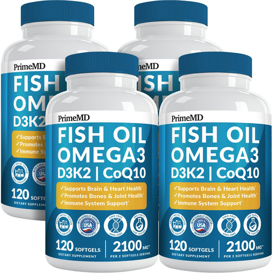 PrimeMD 5-in-1 Omega-3 lemon softgels on a bright countertop for daily wellness.