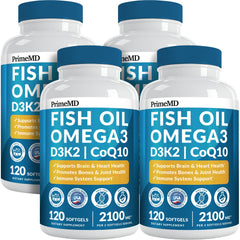 PrimeMD 5-in-1 Omega-3 lemon softgels on a bright countertop for daily wellness.