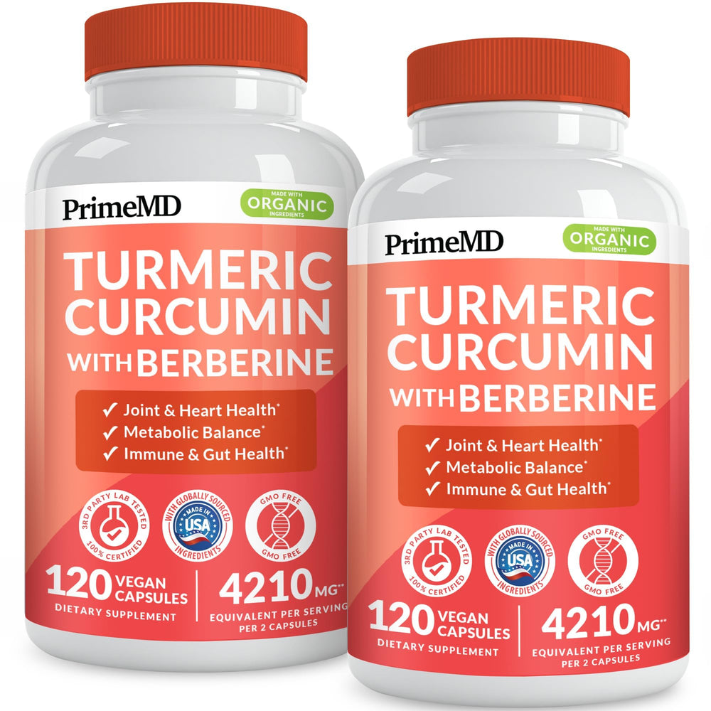 PrimeMD 5in1 turmeric capsules bottle with berberine and cinnamon for daily wellness.
