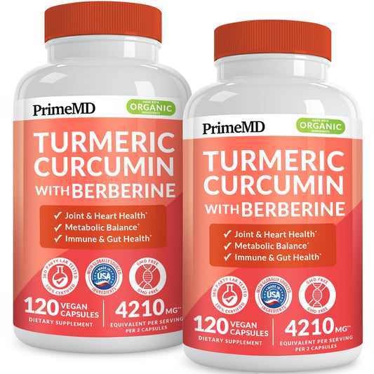 PrimeMD 5in1 turmeric capsules bottle with berberine and cinnamon for daily wellness.