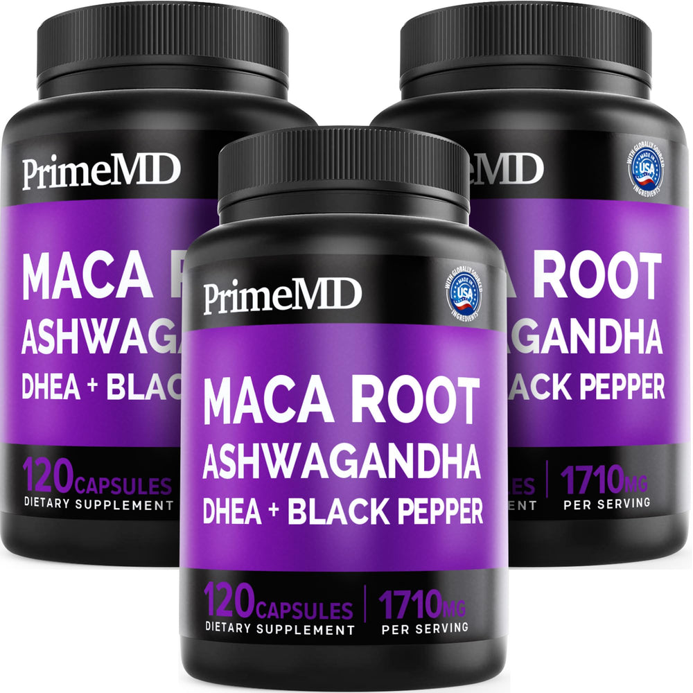 PrimeMD 6-in-1 maca-ashwagandha bottle supports daily energy and focus.