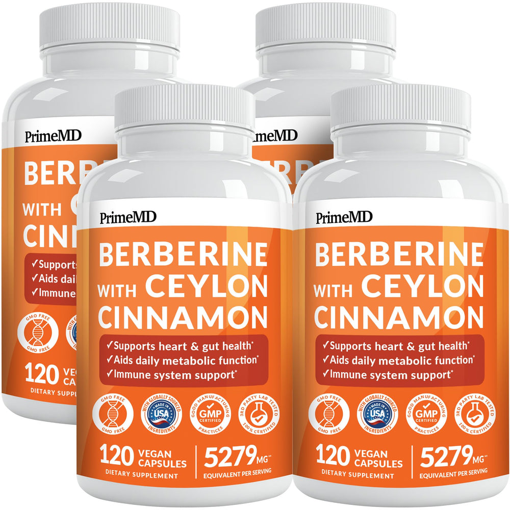 PrimeMD Berberine bottle close-up highlighting the 21-in-1 formula for energy support