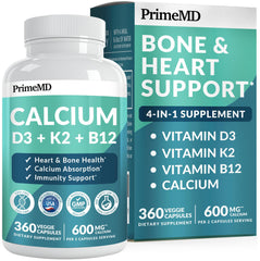 PrimeMD calcium bottle front view highlights vegan-friendly 360-count bone support.