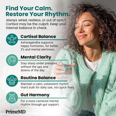 PrimeMD calm-focus capsules shown in a morning routine.