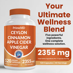 Close-up of PrimeMD cinnamon capsules highlighting easy daily dosing.