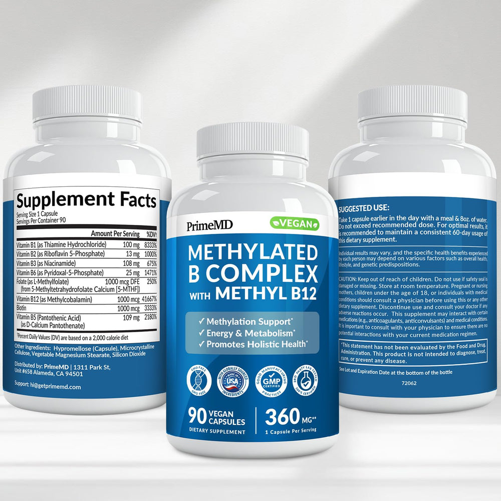 PrimeMD Methylated B Complex closeup capsules reveal smooth coated surfaces.