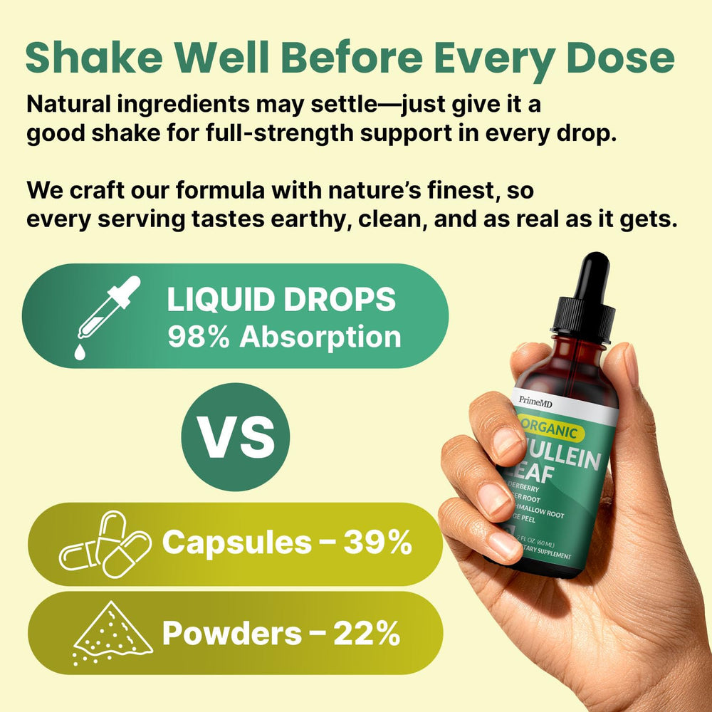 PrimeMD Mullein Drops served with water for quick, convenient dosing.