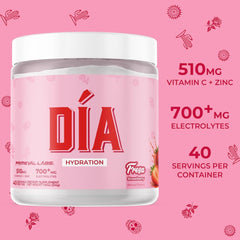 Primeval Labs DIA hydration ingredients label highlights vitamin C, zinc, and taurine.