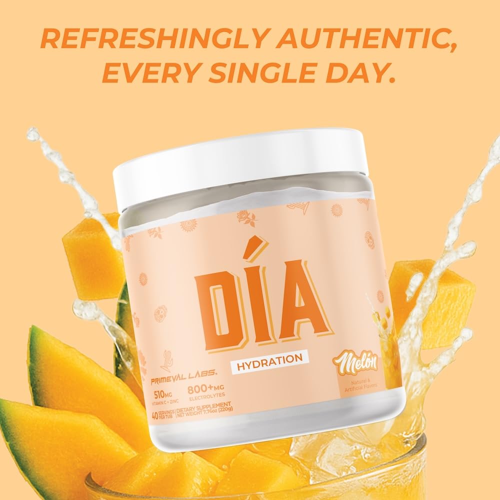 Primeval Labs DIA Hydration Melon mixed in water in a glass showing bright flavor.