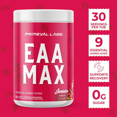 Primeval Labs EAA Max Energy label closeup showing electrolytes and nutrients.