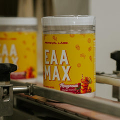 Close-up of Primeval Labs EAA Max Energy powder dissolving quickly for easy mixing.