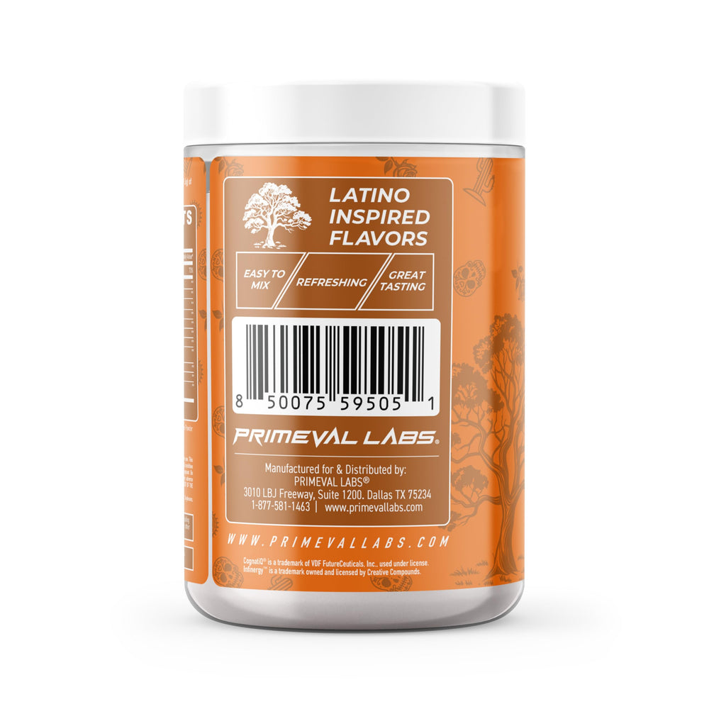 Primeval Labs PRE label highlights 300mg caffeine per two scoops