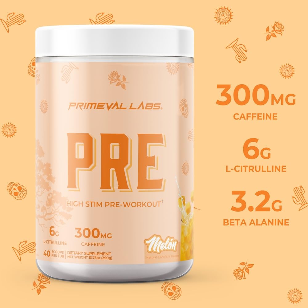 Primeval Labs PRE Melon powder tub promises 40 servings for daily training.
