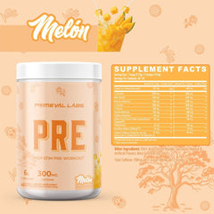 Primeval Labs PRE Melon scoop shows high-stim formula for intense workouts.