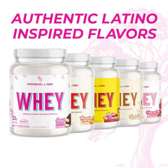 Primeval Labs Pure Whey Concentrate tub with label emphasizes high protein per serving.