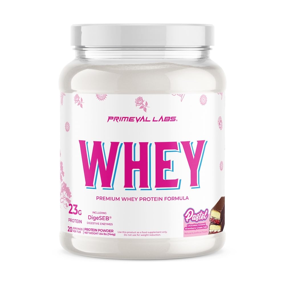 Primeval Labs Pure Whey Protein Concentrate tub front for clean protein and lean gains.