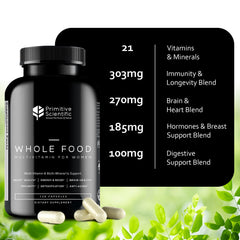 Primitive Scientific women's multivitamin label close-up showing natural ingredients and non-GMO notes.