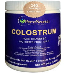 PrimoNourish grass-fed colostrum powder container shown for immune support and gut wellness.