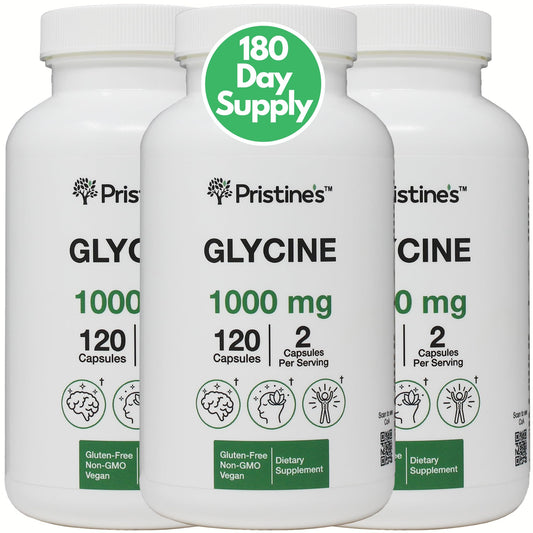 PRISTINE'S Glycine 1000mg capsules bottle for relaxation and rest