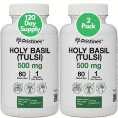 PRISTINE'S Holy Basil 500 mg bottle on a clean counter, highlighting daily balance.