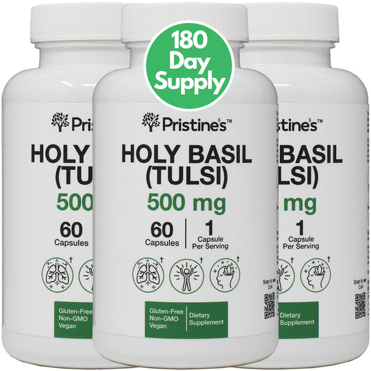 PRISTINE'S Holy Basil bottle pour shows easy daily use for immune-support routine.