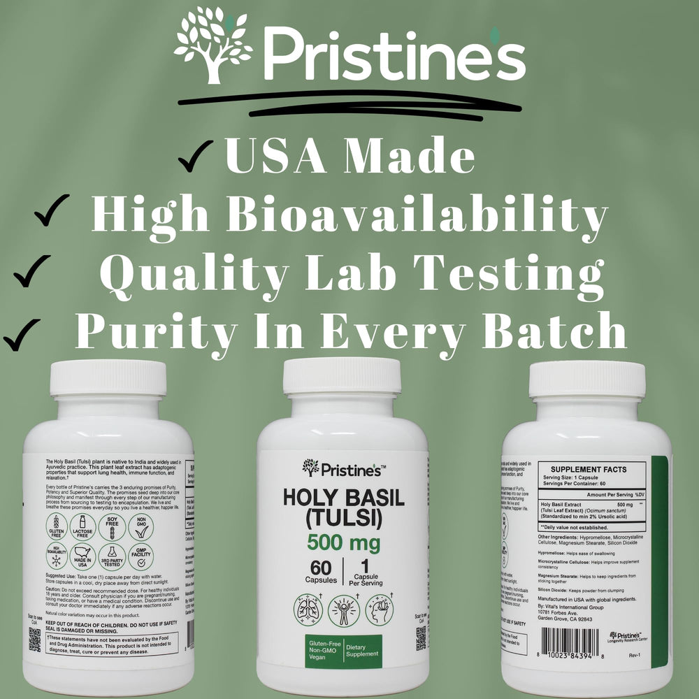 PRISTINE'S Holy Basil leaves and dried herb imagery.