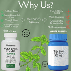 PRISTINE'S Holy Basil vegan symbol signals plant-based wellness option.