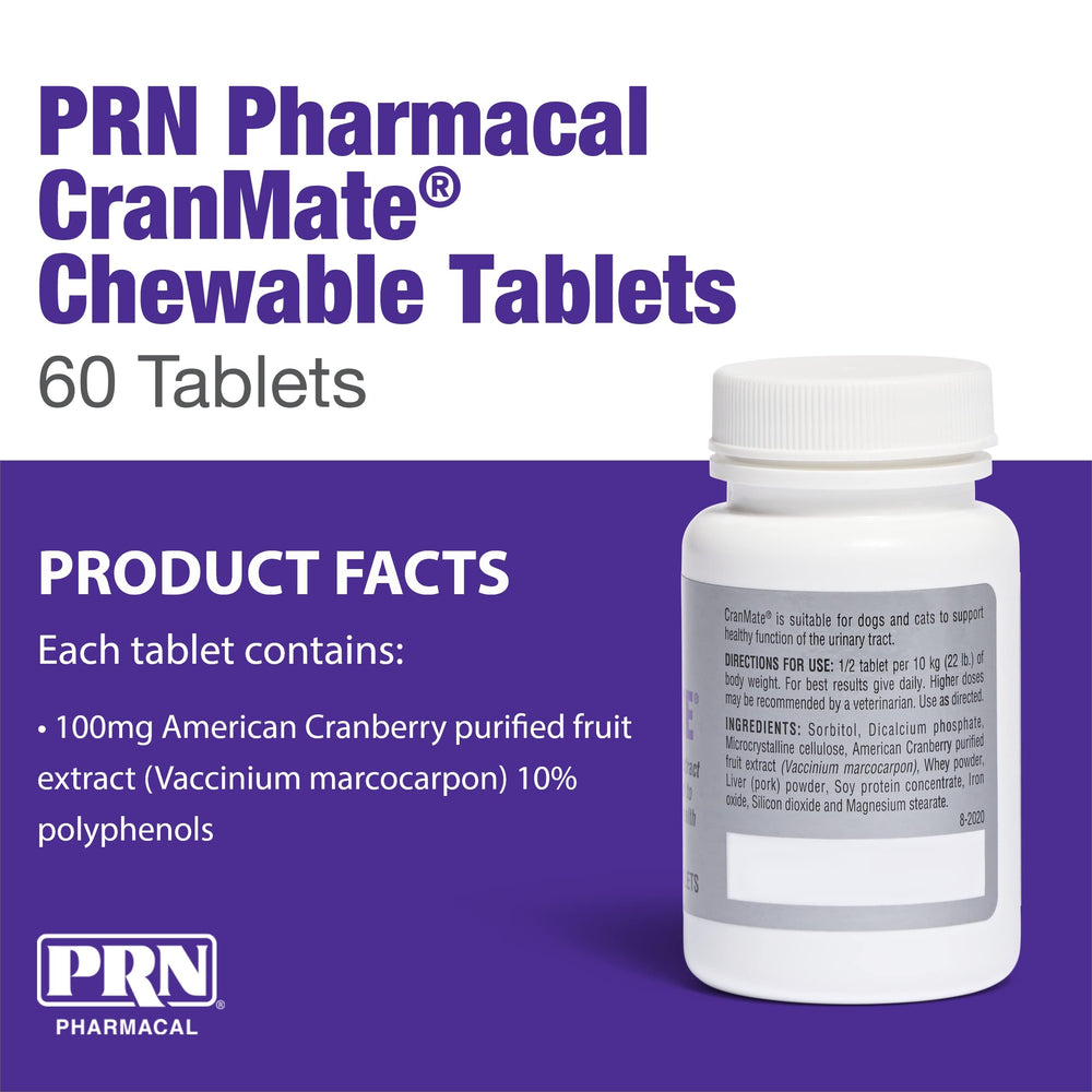 PRN CranMate pork-flavored tablets ready for pet use, easy to take