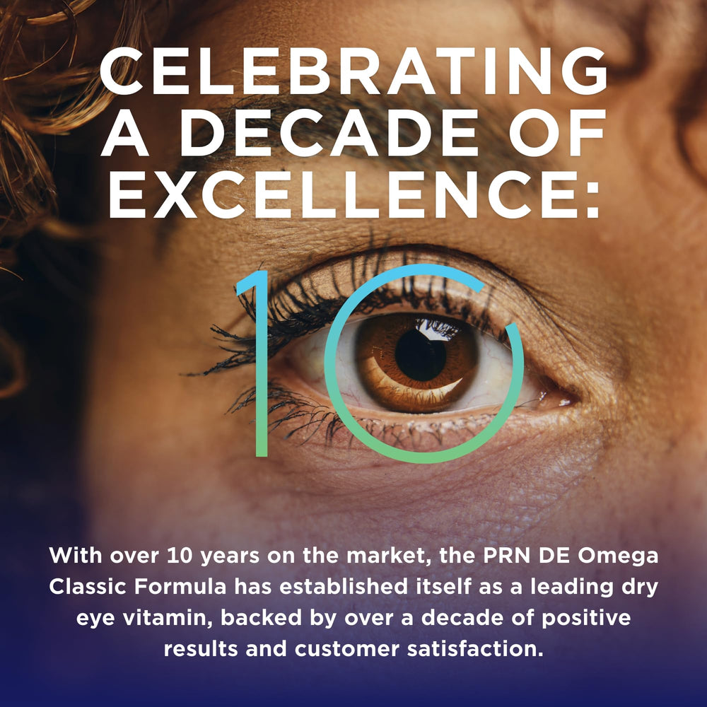 PRN DE Omega with vitamin D graphic communicates added eye-friendly support.
