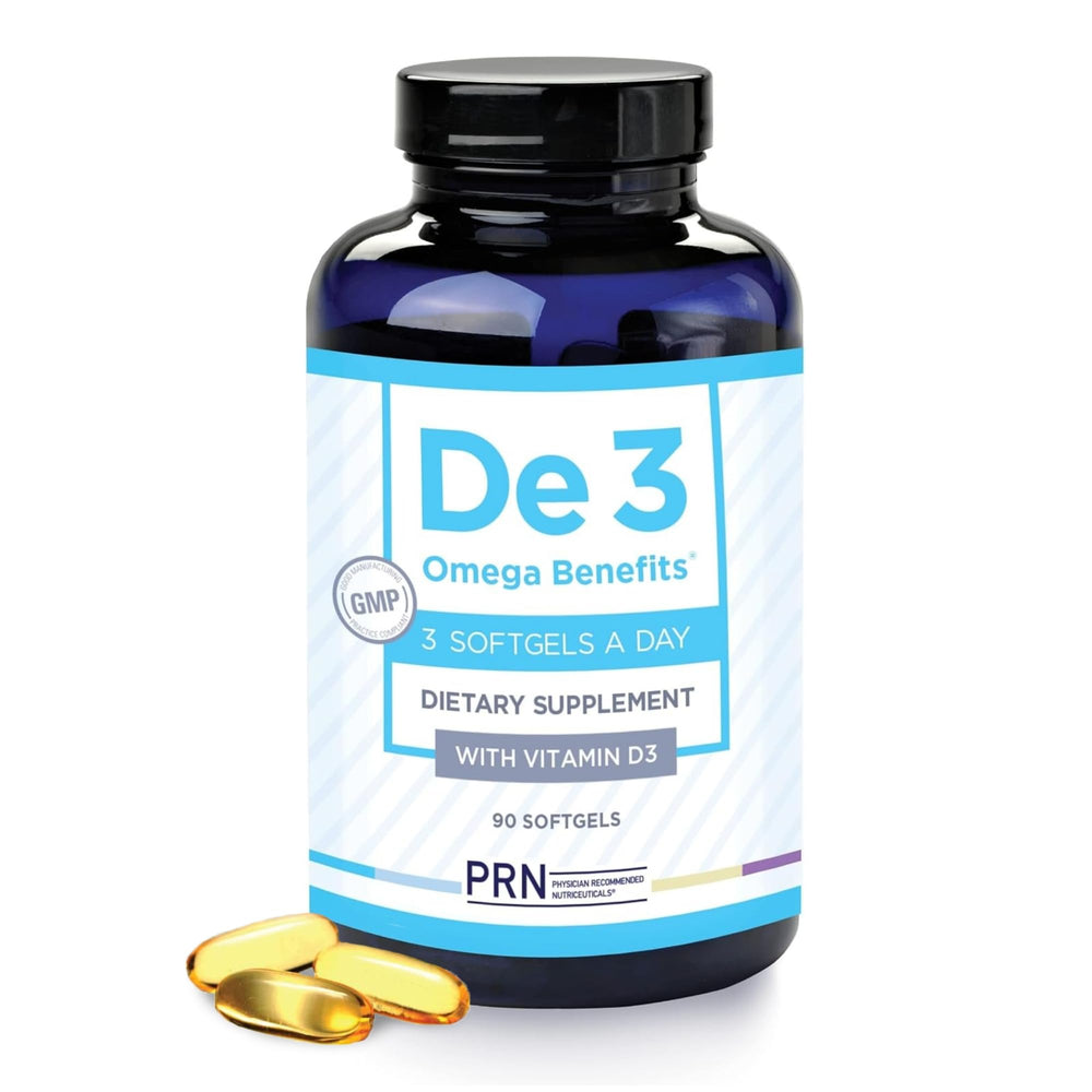 PRN De3 Dry Eye bottle front showing burpless omega-3 for eye comfort.