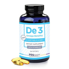 PRN De3 dry eye bottle with burpless omega-3 for eye comfort.