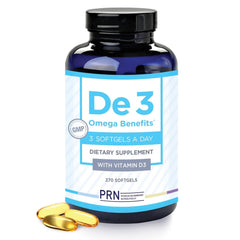 PRN De3 Dry Eye Omega-3 bottle with capsules for daily eye comfort.