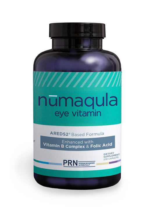 PRN nūmaqula eye vitamins bottle pouring capsules for daily macular support