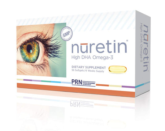 PRN Nuretin bottle showing DHA and EPA labels for eye health.