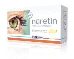 PRN Nuretin bottle showing DHA and EPA labels for eye health.