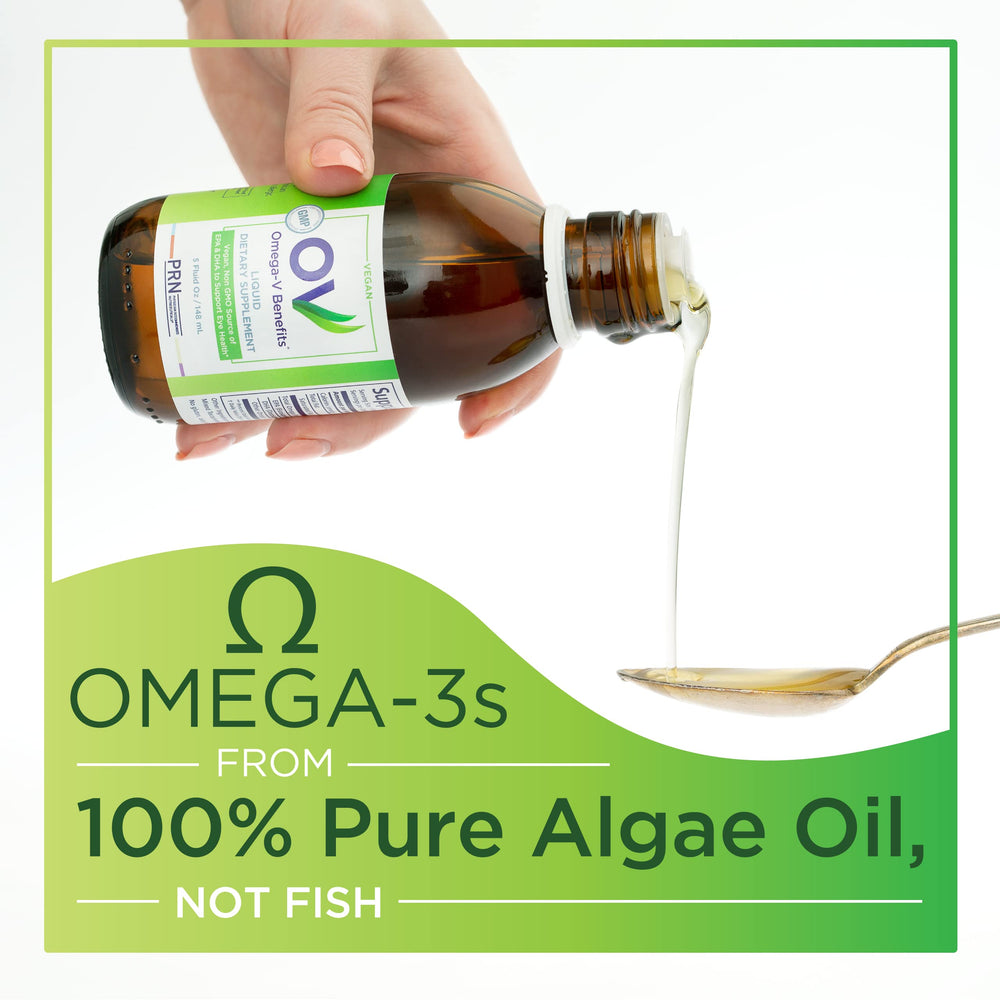 PRN Omega-V Benefits dropper illustration highlighting fast absorption via rTG technology