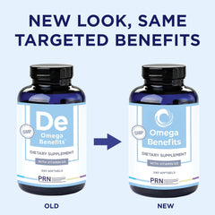 PRN Omega-3 bottle top-down view highlights easy twice-daily dosing.