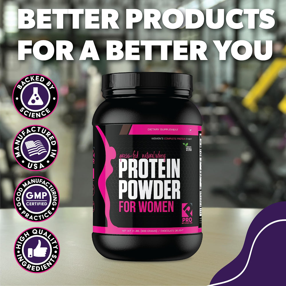 PRO NUTRITION LABS Whey Protein Powder for Women Chocolate Delight measuring scoop near nutrition label.