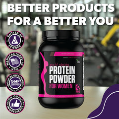 PRO NUTRITION LABS Whey Protein Powder for Women Chocolate Delight measuring scoop near nutrition label.