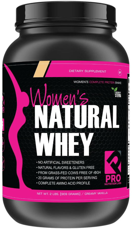 PRO NUTRITION LABS vanilla whey canister for women supports active recovery.