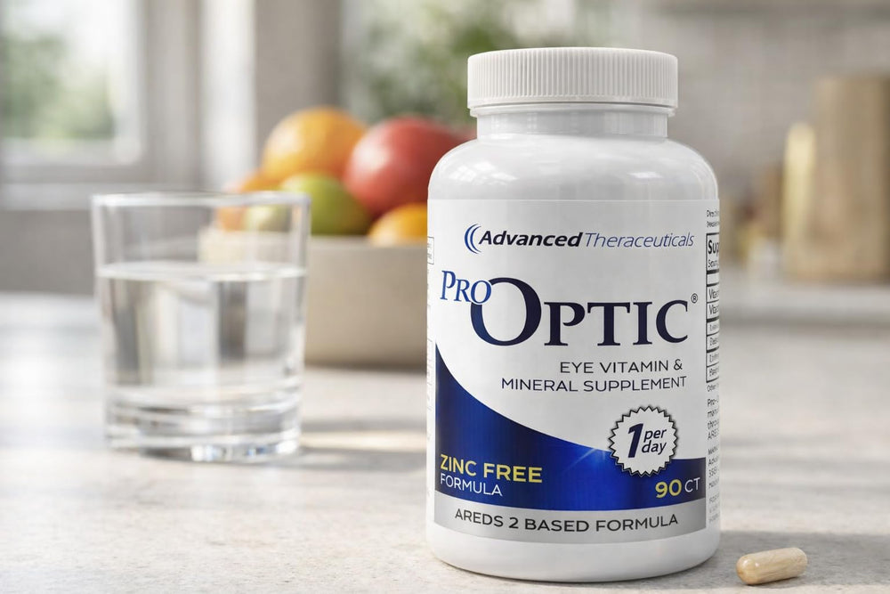 PRO-OPTIC Traditional bottle side view indicating a 3-month, 90-capsule supply