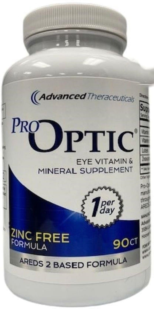 PRO-OPTIC Traditional zinc-free bottle front, convenient daily eye nutrition in one capsule